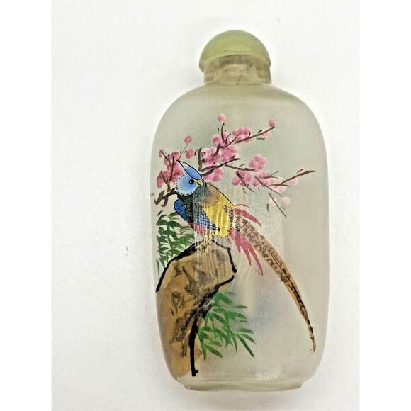 Antique Chinese Reverse Art Bottle | Inside Painted Glass Birds Cherry Blossoms - Picture 10 of 12